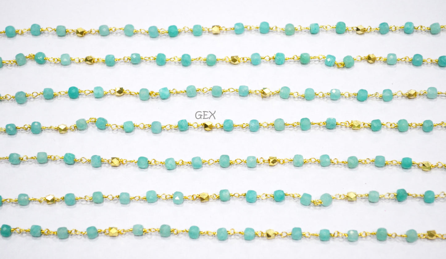 Amazonite Faceted 3D Box Shape Rosary Beaded Chain , Amazonite Cube With Brass Beads Wire Wrapped Chain , 3 - 4 mm , 7239