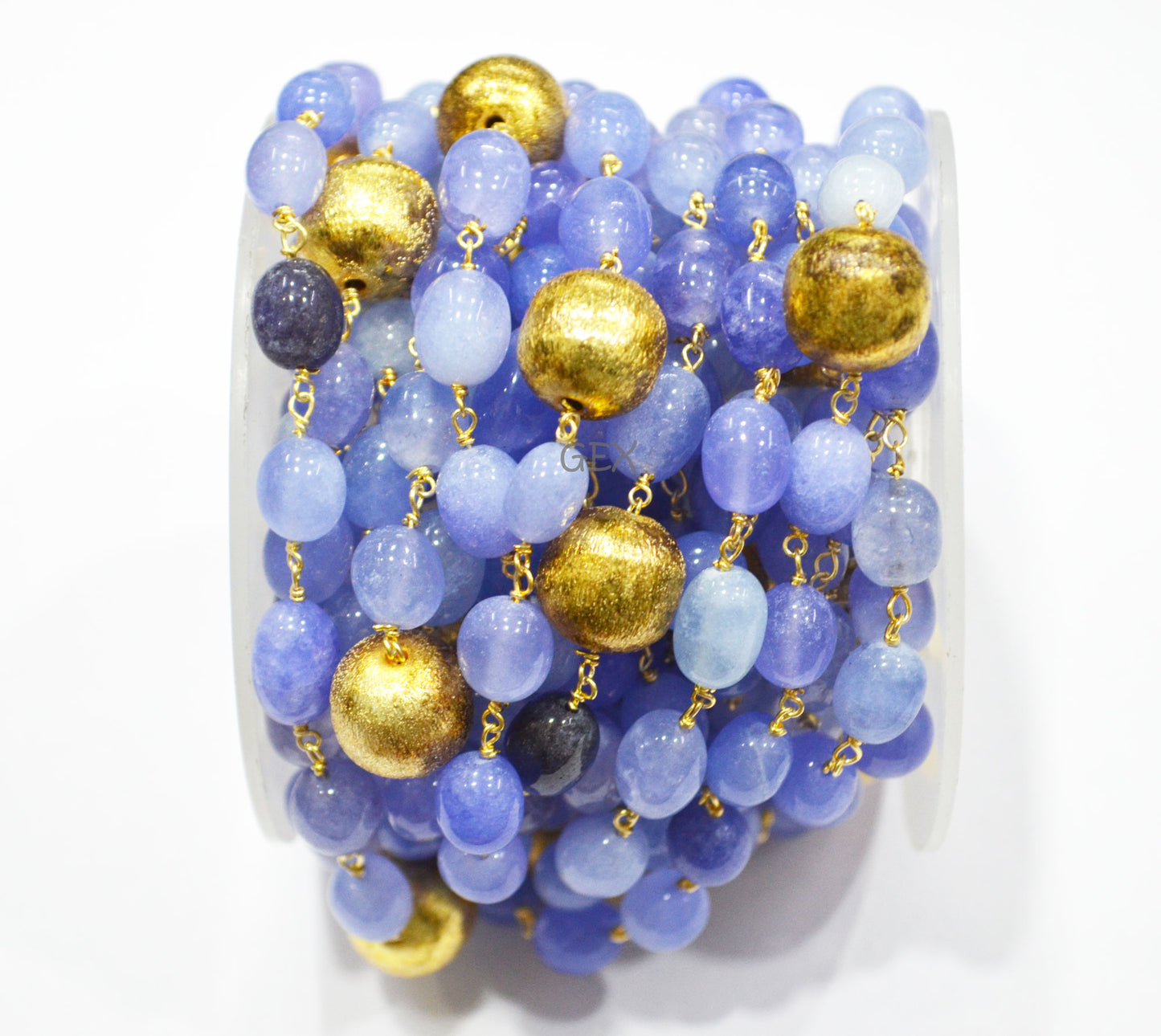 Dyed Blue Tanzanite Quartz Smooth Oval Nuggets Rosary Beaded Chain , Tanzanite Quartz With Brass Beads Wire Wrapped Chain , 7x10 - 8x11 mm , 7240