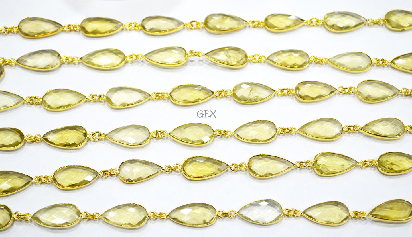 Natural Lemon Quartz Faceted Pear Shape Connector Chain , 11x20 mm , RB-7245