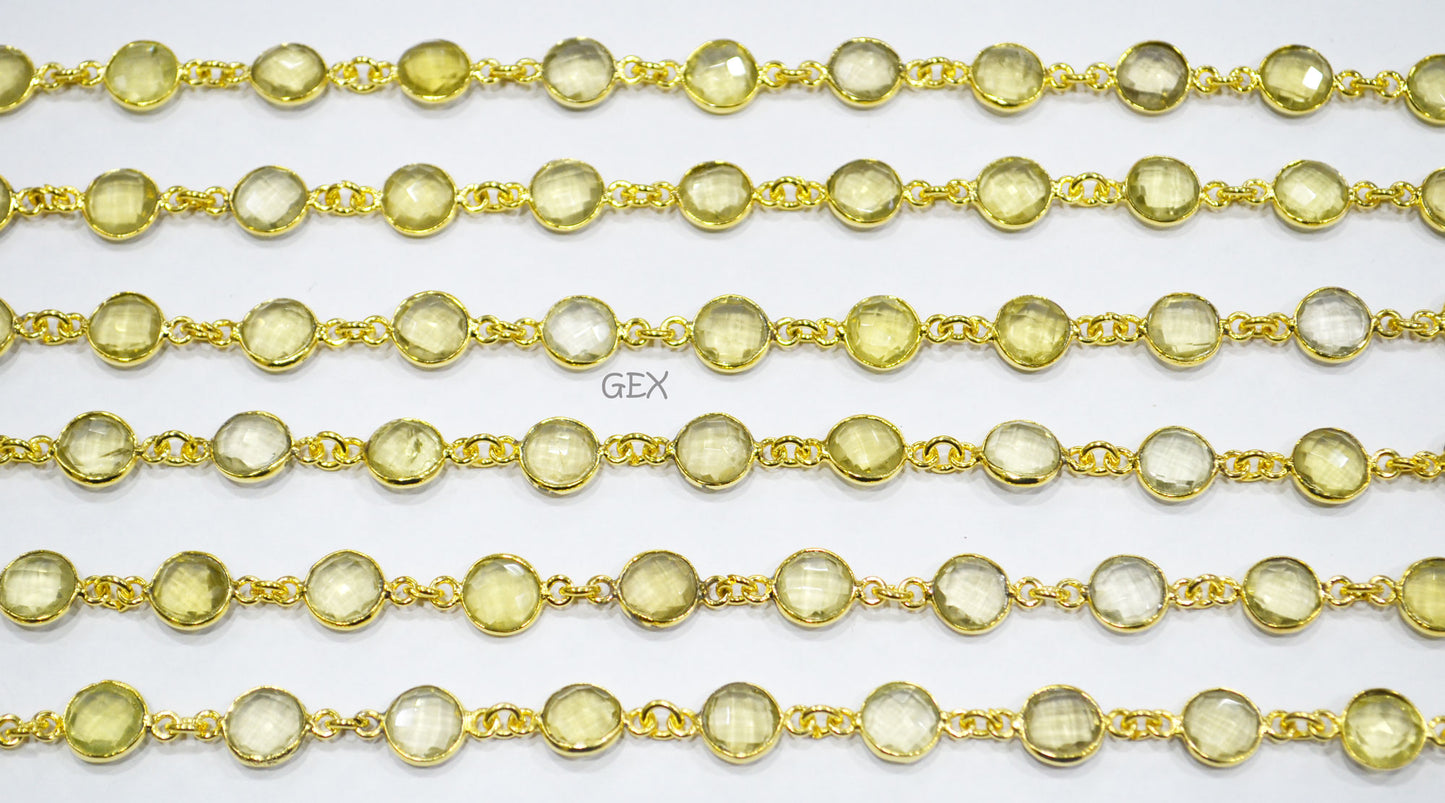 Natural Lemon Quartz Faceted Coin Shape Connector Chain , 8 mm , RB-7246