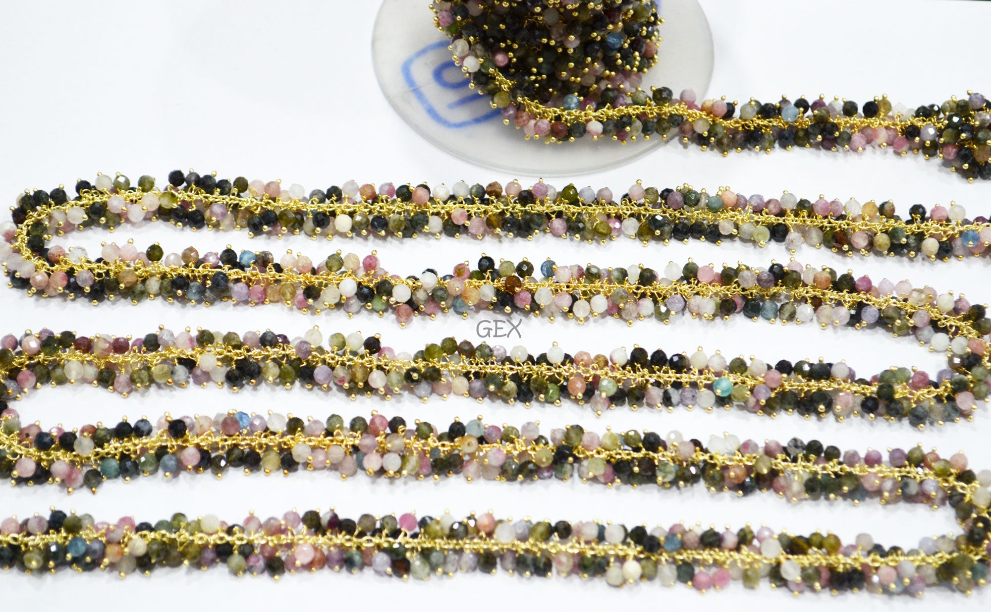 Multi Tourmaline Faceted Round Shape Grape Chain , Multi Tourmaline Angoori Cluster Wire Wrapped Chain , 4 mm , 7249