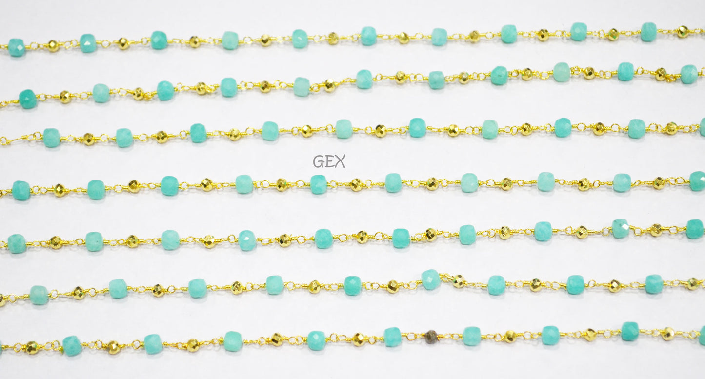Amazonite Faceted 3D Box Shape Rosary Beaded Chain , Amazonite Cube With Pyrite Round Shape Beaded Wire Wrapped Chain , 3 - 4 mm ,RB-7250