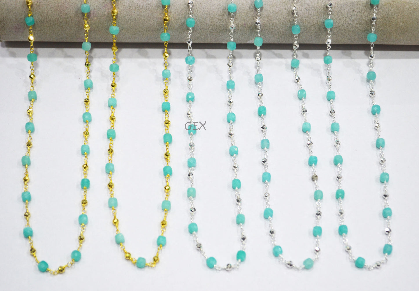 Amazonite Faceted 3D Box Shape Rosary Beaded Chain , Amazonite Cube With Pyrite Round Shape Beaded Wire Wrapped Chain , 3 - 4 mm ,RB-7250