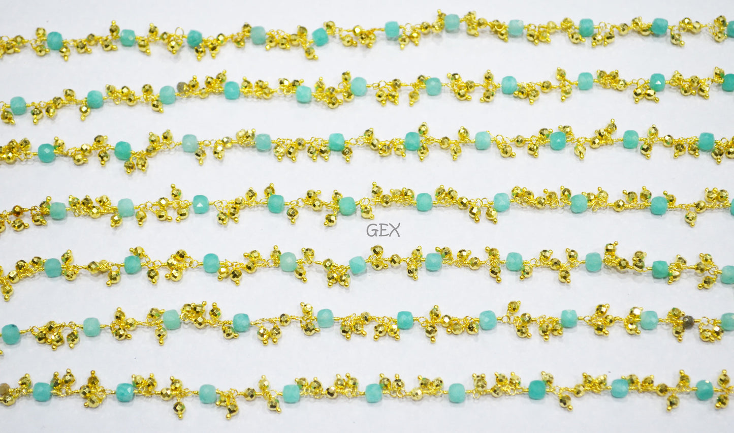 Amazonite Faceted 3D Box Shape Angoori Cluster Chain , Amazonite Cube With Pyrite Round Shape Beaded Dangling Chain , 3 - 4 mm , 7251