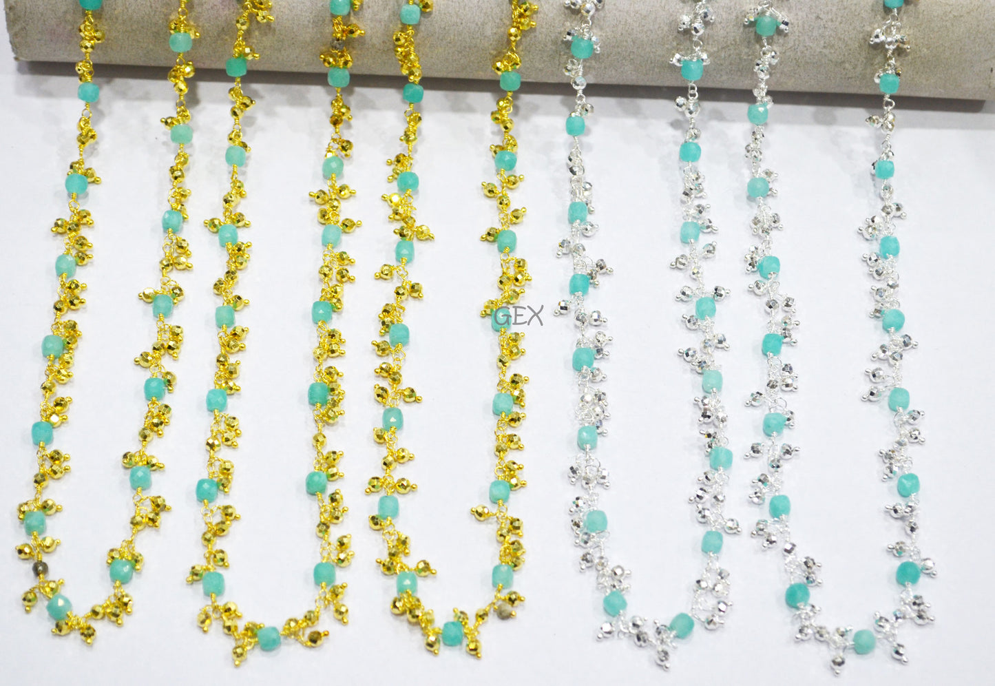 Amazonite Faceted 3D Box Shape Angoori Cluster Chain , Amazonite Cube With Pyrite Round Shape Beaded Dangling Chain , 3 - 4 mm , 7251