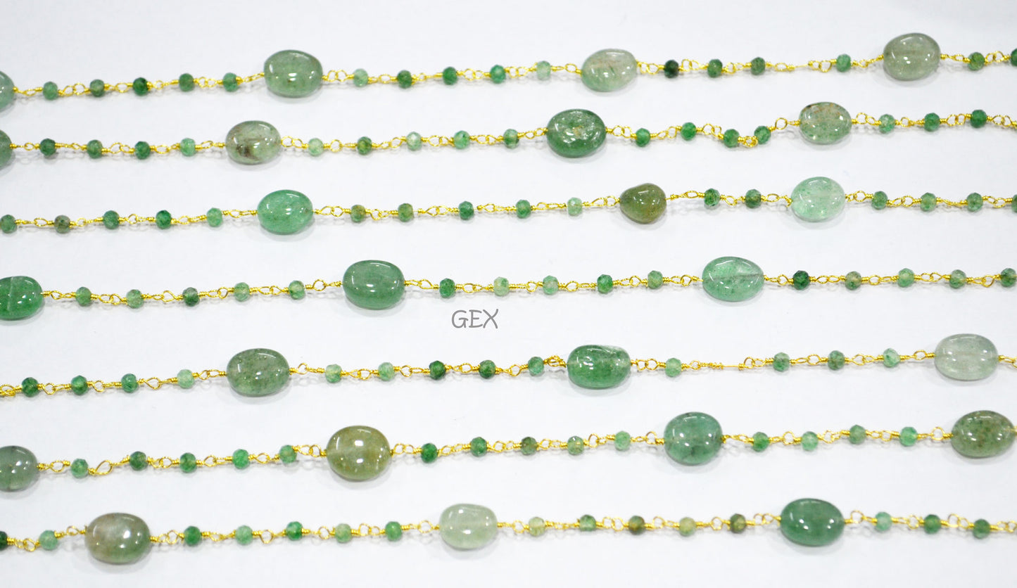 Green Strawberry Quartz Faceted Round Shape Rosary Beaded Chain , Green Strawberry Quartz Smooth Oval Shape Wire Wrapped Chain , 3 mm , 7252