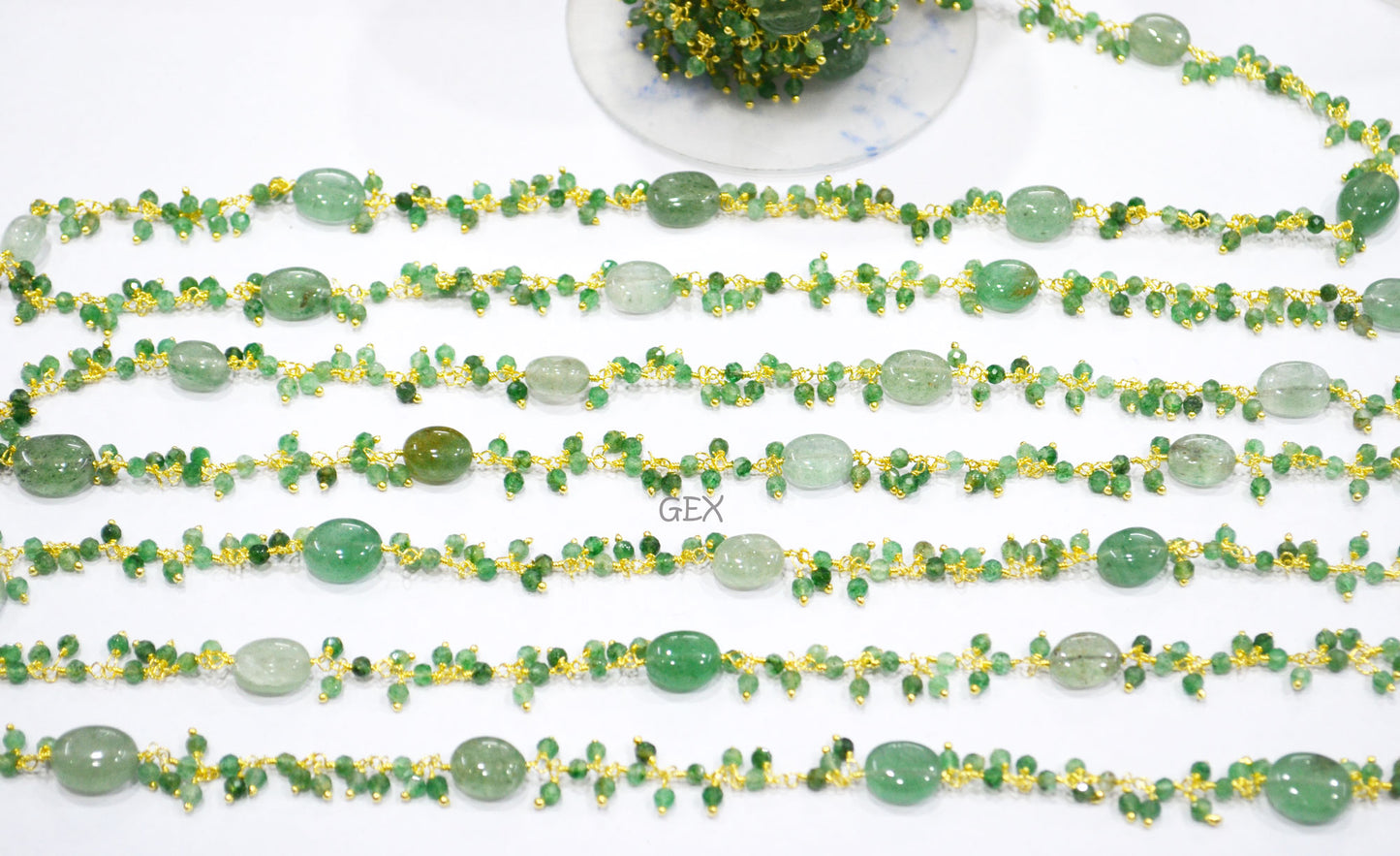 Green Strawberry Quartz Faceted Round Shape Angoori Cluster Chain , Green Strawberry Quartz Smooth Oval Shape Dangling Chain , 3 mm , 7253