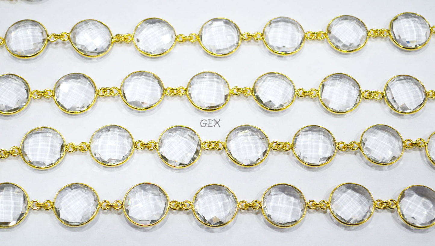Crystal Hydro Quartz Faceted Coin Shape Connector Chain , 15 mm , RB-7259