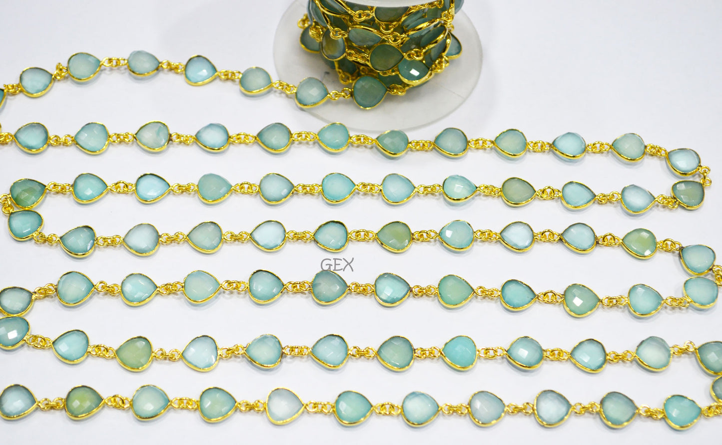 Aqua Chalcedony Faceted Heart Shape Connector Chain , 10 mm , RB-7260