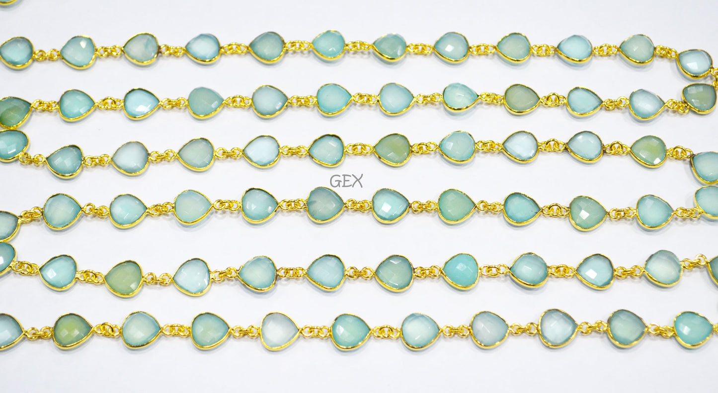 Aqua Chalcedony Faceted Heart Shape Connector Chain , 10 mm , RB-7260