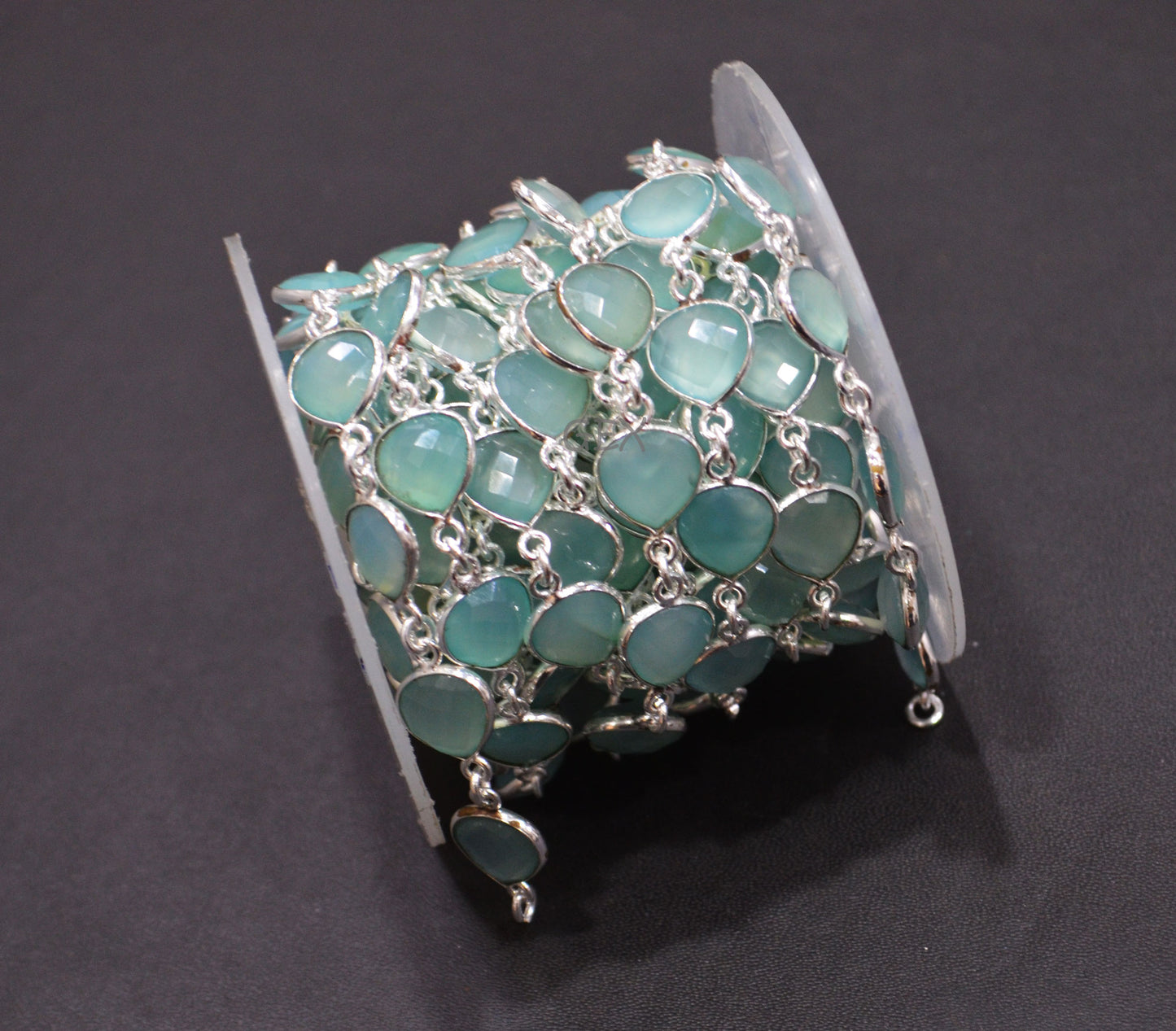 Aqua Chalcedony Faceted Heart Shape Connector Chain , 10 mm , RB-7260