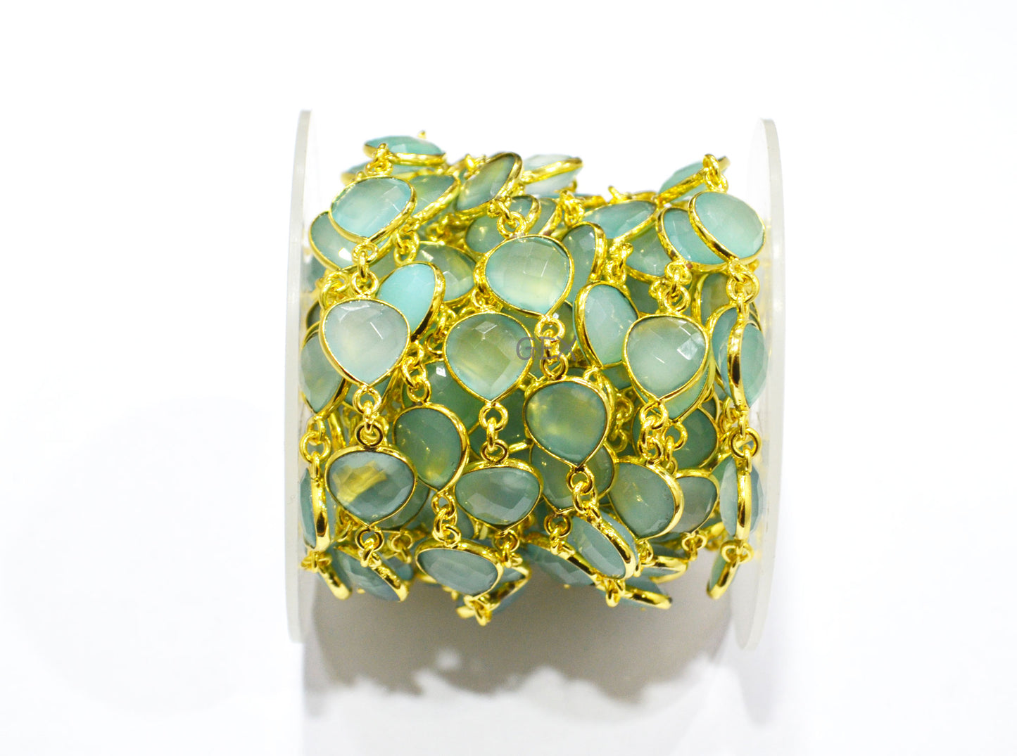 Aqua Chalcedony Faceted Heart Shape Connector Chain , 10 mm , RB-7260