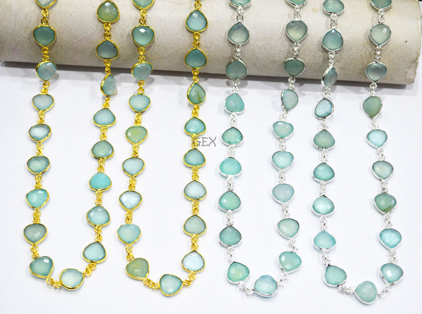 Aqua Chalcedony Faceted Heart Shape Connector Chain , 10 mm , RB-7260
