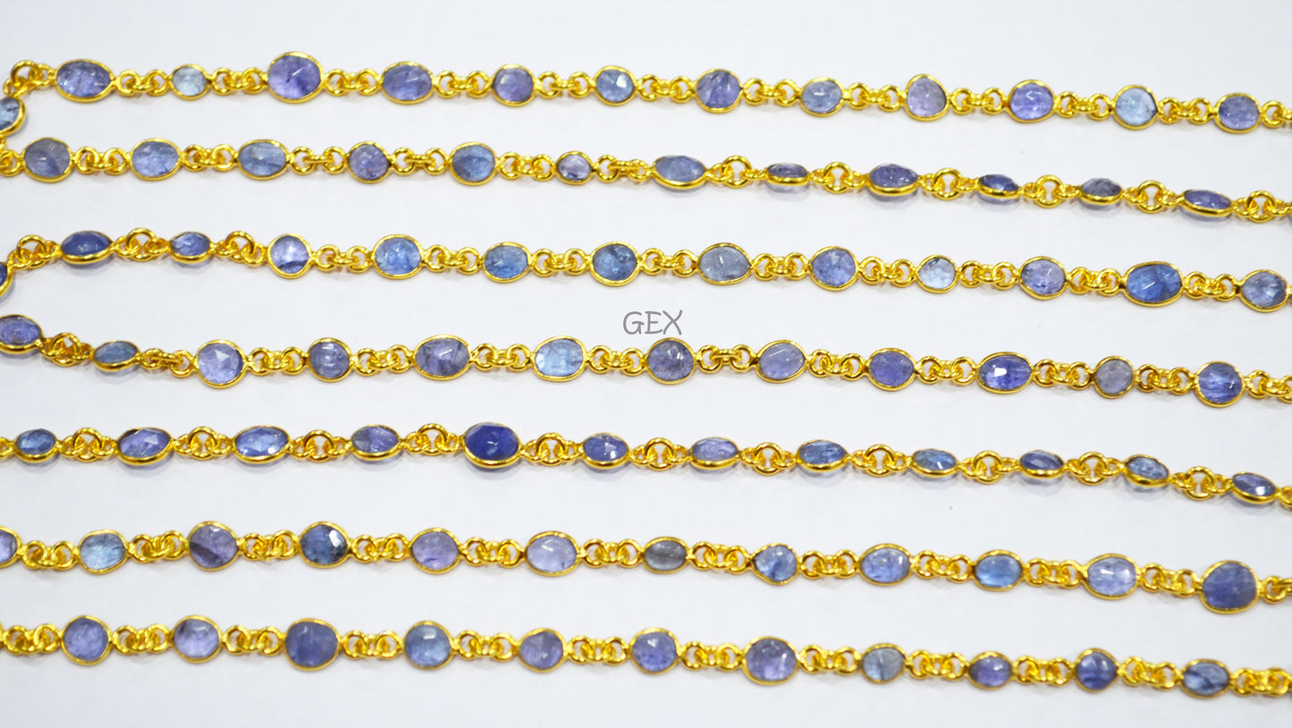 Tanzanite Faceted Slice Shape Connector Chain , Tanzanite Free Form Shape Bezel Link Chain , 4x5 - 6x8 mm , RB-7297
