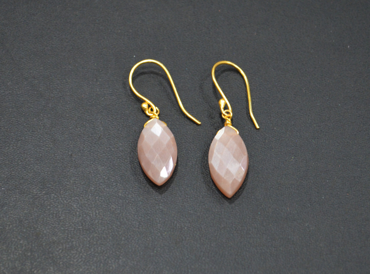 Peach Moonstone Faceted Marquise Shape Earrings , Peach Moonstone Gold Plated Brass Dangle Earrings , Women Earrings , 10x20 mm , RB-7344