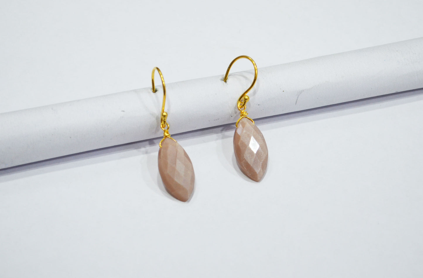 Peach Moonstone Faceted Marquise Shape Earrings , Peach Moonstone Gold Plated Brass Dangle Earrings , Women Earrings , 10x20 mm , RB-7344