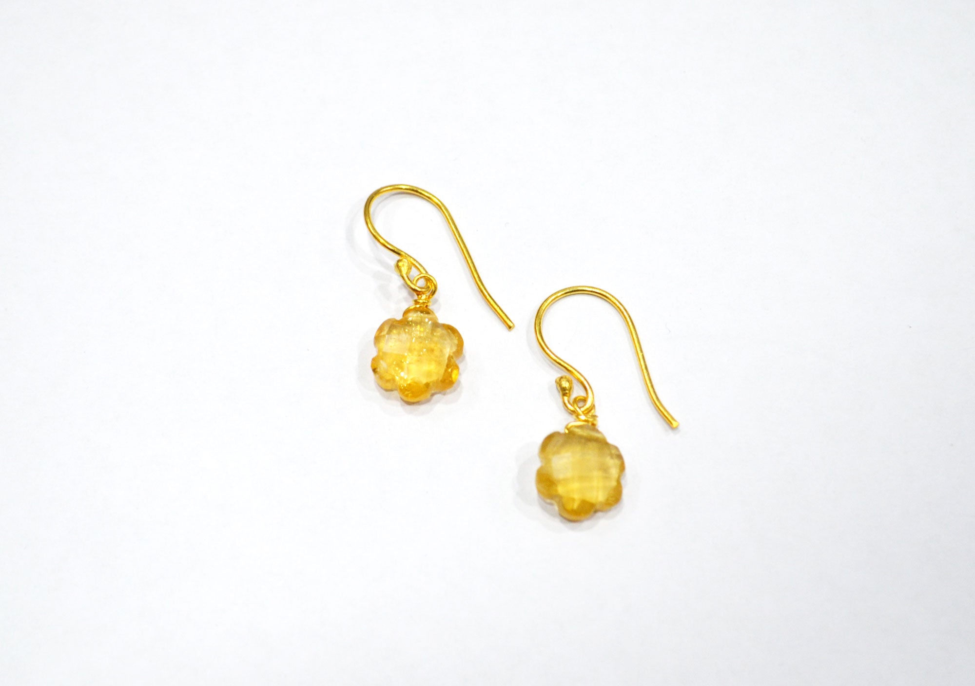 Citrine Faceted Flower Shape Earrings , Citrine Gold Plated Brass Dangle Earrings , Women Earrings , 10 mm , RB-7345