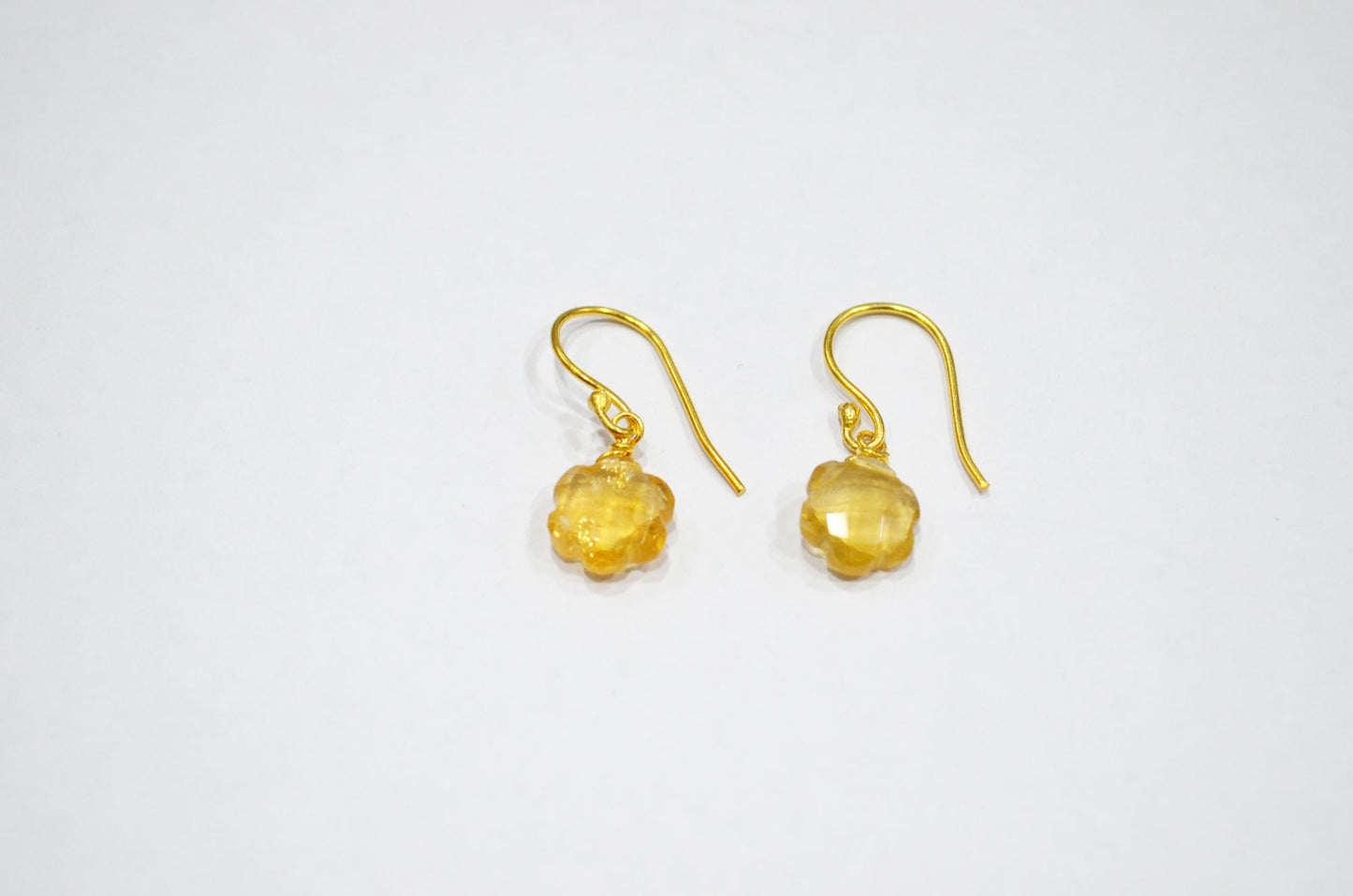 Citrine Faceted Flower Shape Earrings , Citrine Gold Plated Brass Dangle Earrings , Women Earrings , 10 mm , RB-7345