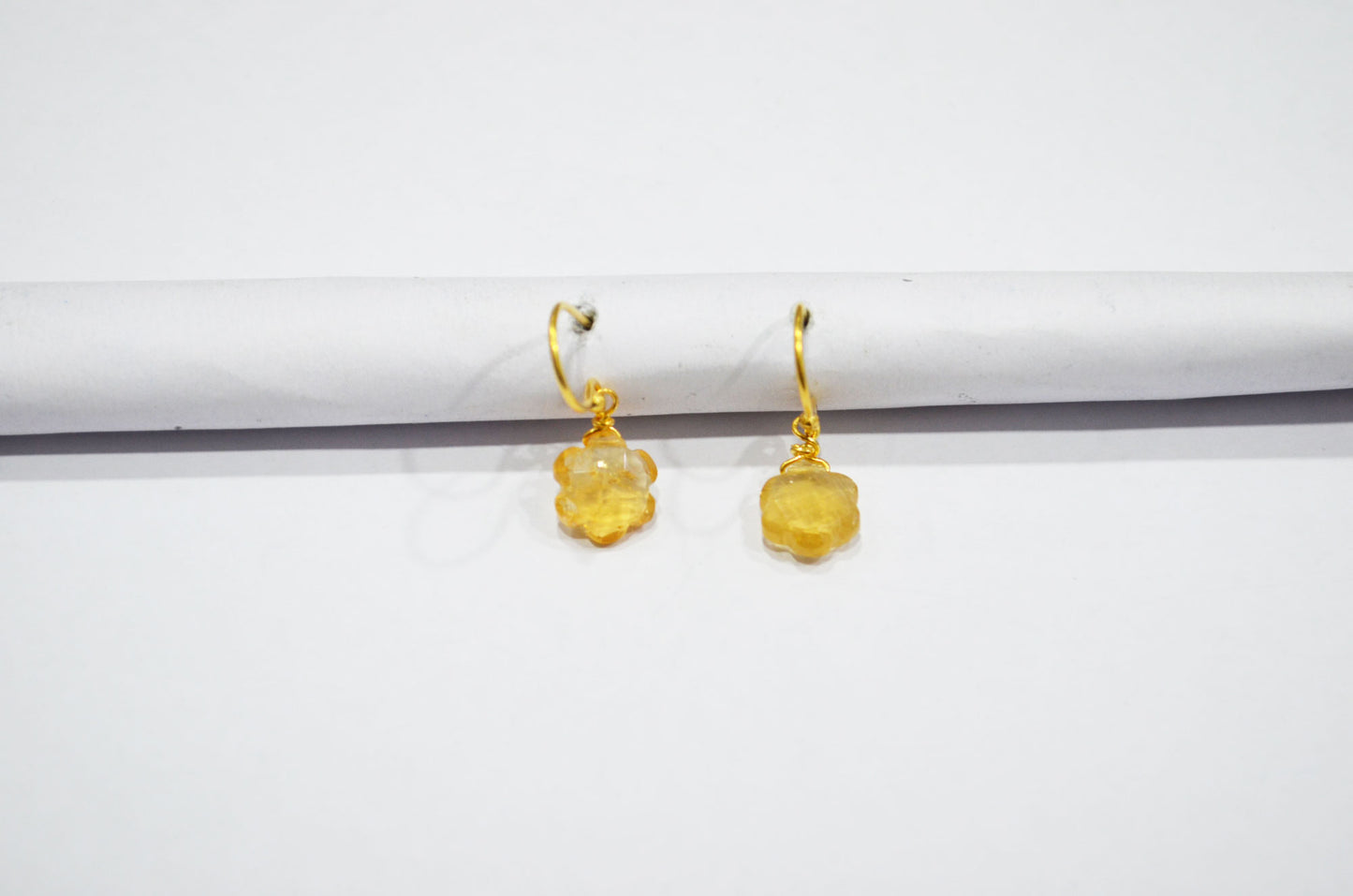 Citrine Faceted Flower Shape Earrings , Citrine Gold Plated Brass Dangle Earrings , Women Earrings , 10 mm , RB-7345