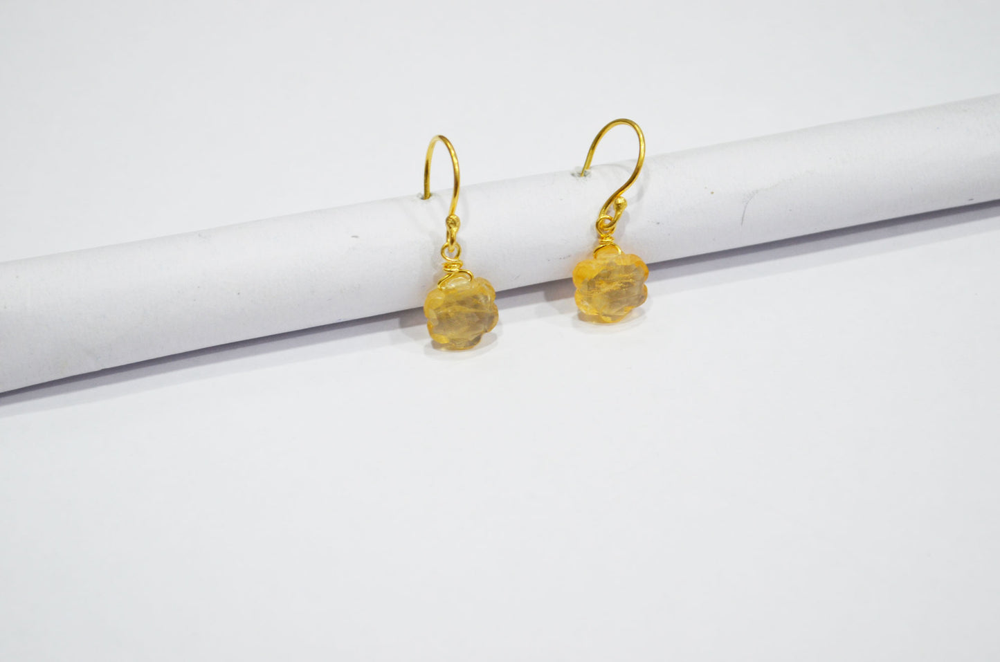 Citrine Faceted Flower Shape Earrings , Citrine Gold Plated Brass Dangle Earrings , Women Earrings , 10 mm , RB-7345