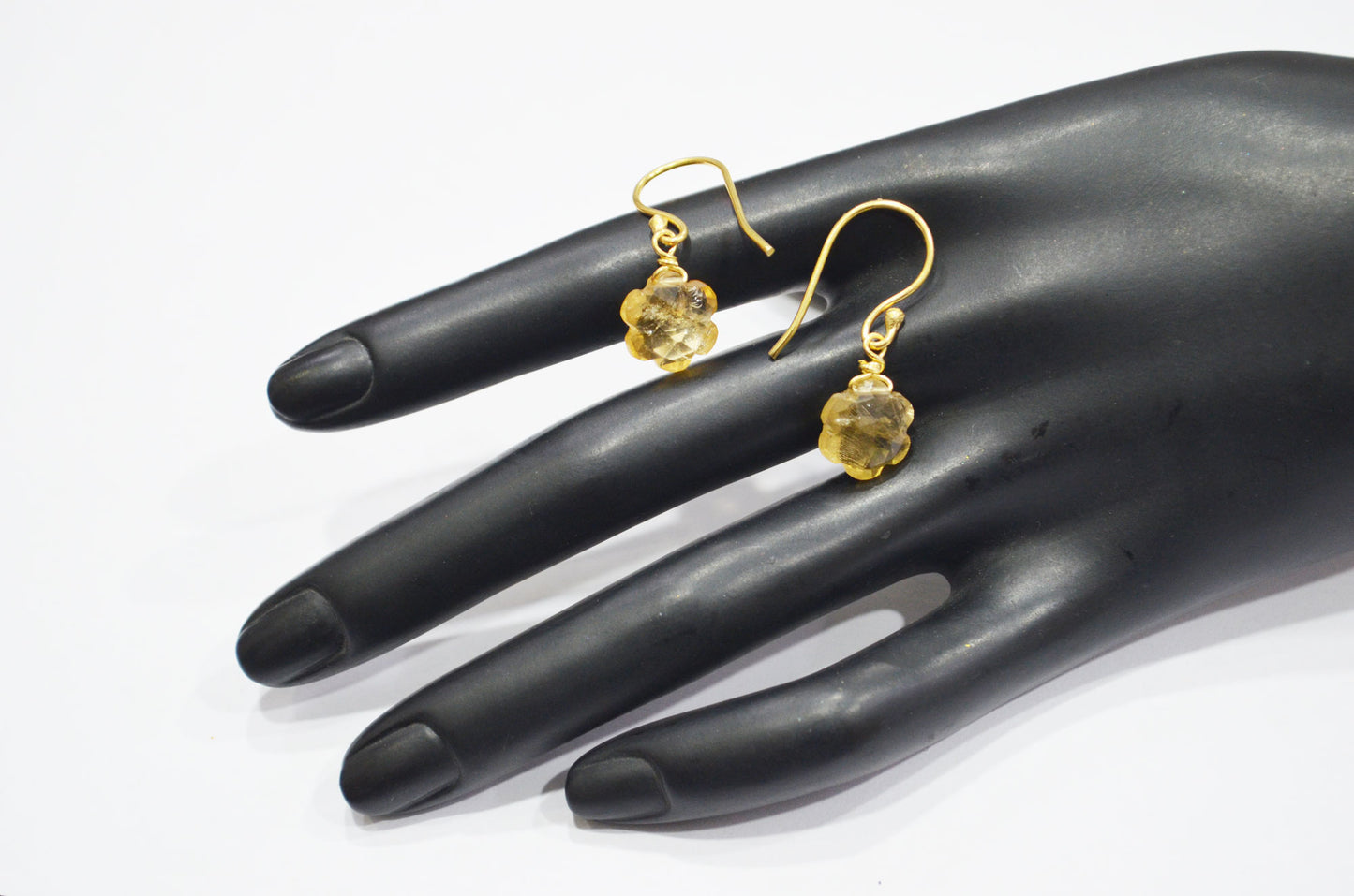 Citrine Faceted Flower Shape Earrings , Citrine Gold Plated Brass Dangle Earrings , Women Earrings , 10 mm , RB-7345