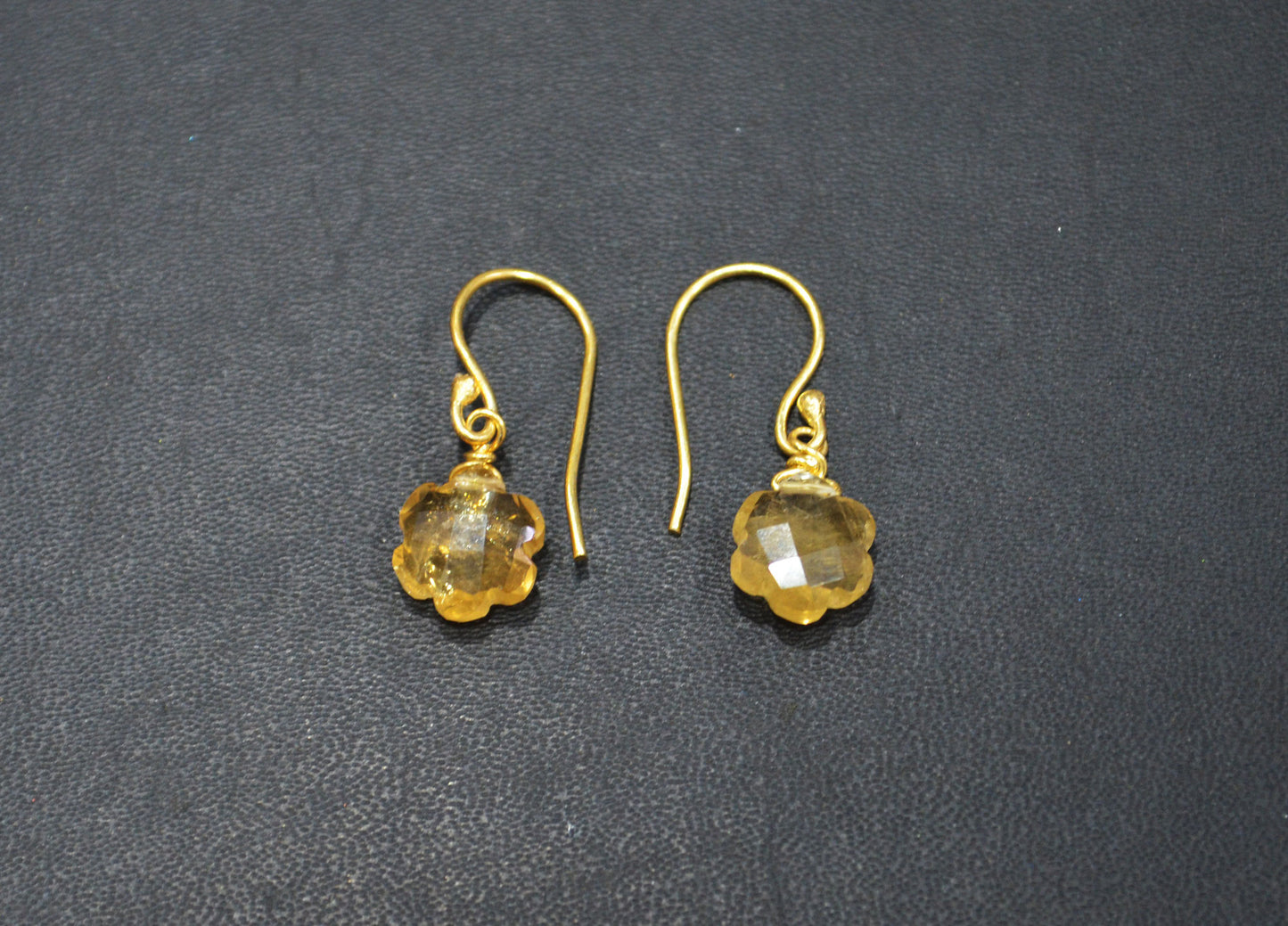 Citrine Faceted Flower Shape Earrings , Citrine Gold Plated Brass Dangle Earrings , Women Earrings , 10 mm , RB-7345