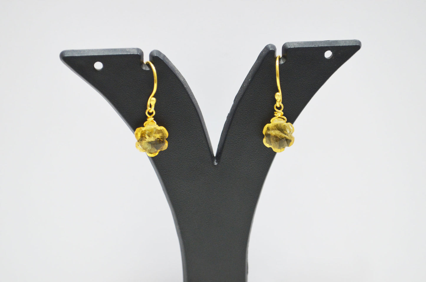 Citrine Faceted Flower Shape Earrings , Citrine Gold Plated Brass Dangle Earrings , Women Earrings , 10 mm , RB-7345