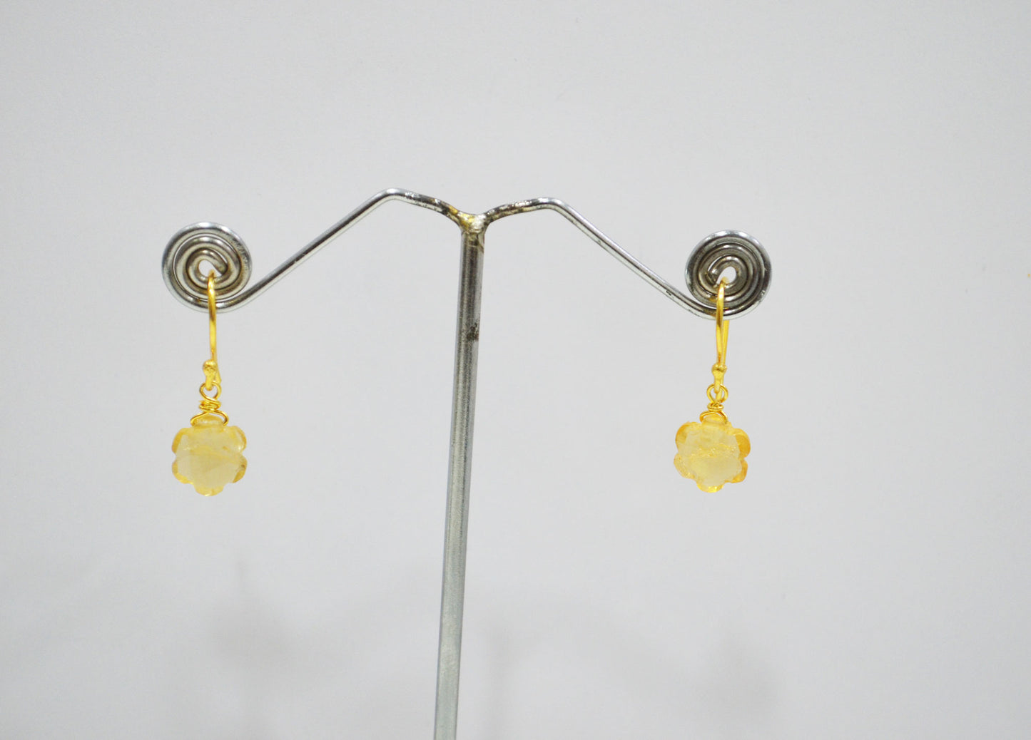 Citrine Faceted Flower Shape Earrings , Citrine Gold Plated Brass Dangle Earrings , Women Earrings , 10 mm , RB-7345