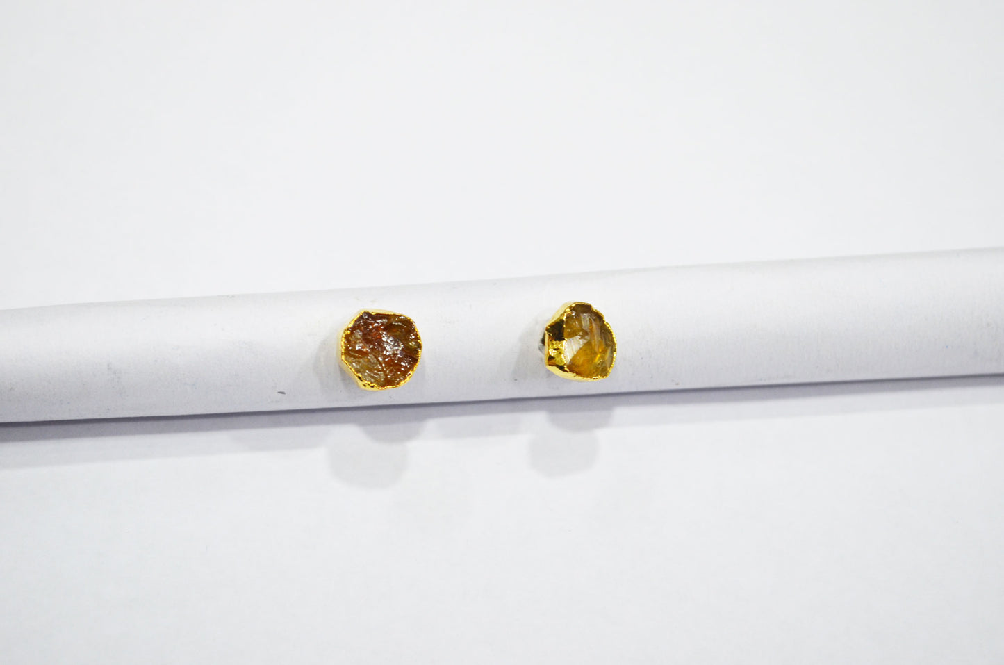 Raw Citrine Electroplated Stud Earrings , Citrine Gold Electroplated Earrings , Raw Gemstone Earrings , Women Earrings , 10 mm , RB-7348