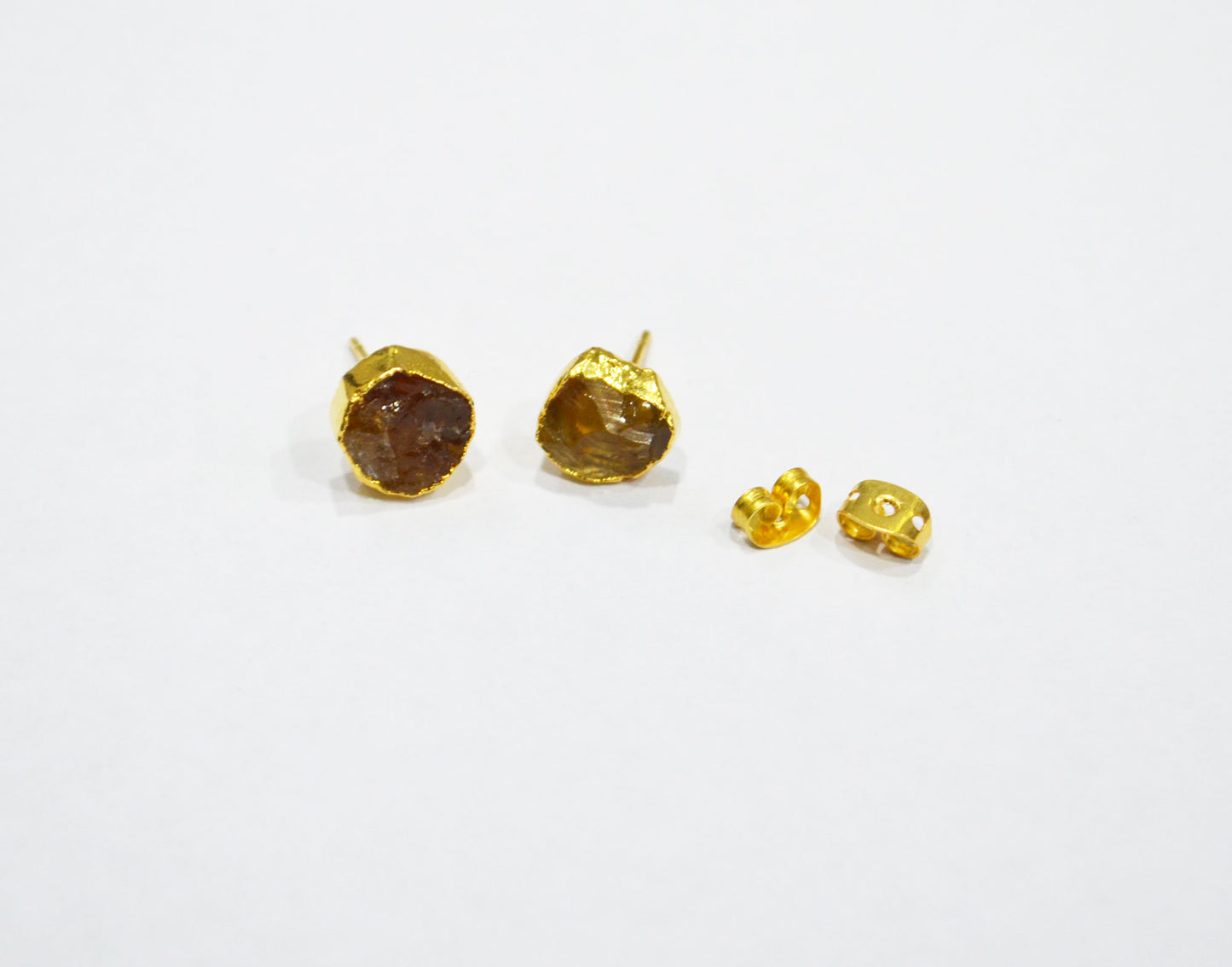 Raw Citrine Electroplated Stud Earrings , Citrine Gold Electroplated Earrings , Raw Gemstone Earrings , Women Earrings , 10 mm , RB-7348