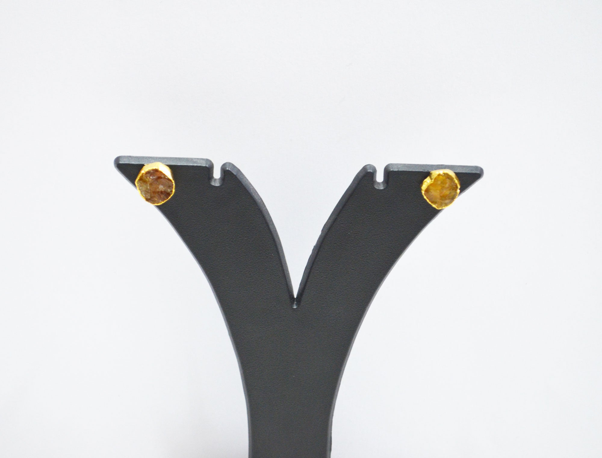 Raw Citrine Electroplated Stud Earrings , Citrine Gold Electroplated Earrings , Raw Gemstone Earrings , Women Earrings , 10 mm , RB-7348