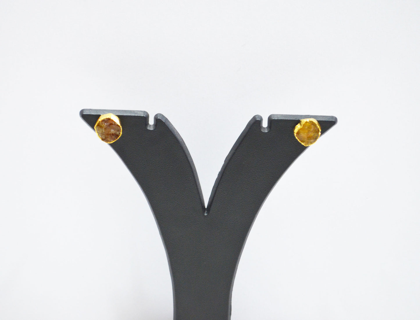 Raw Citrine Electroplated Stud Earrings , Citrine Gold Electroplated Earrings , Raw Gemstone Earrings , Women Earrings , 10 mm , RB-7348