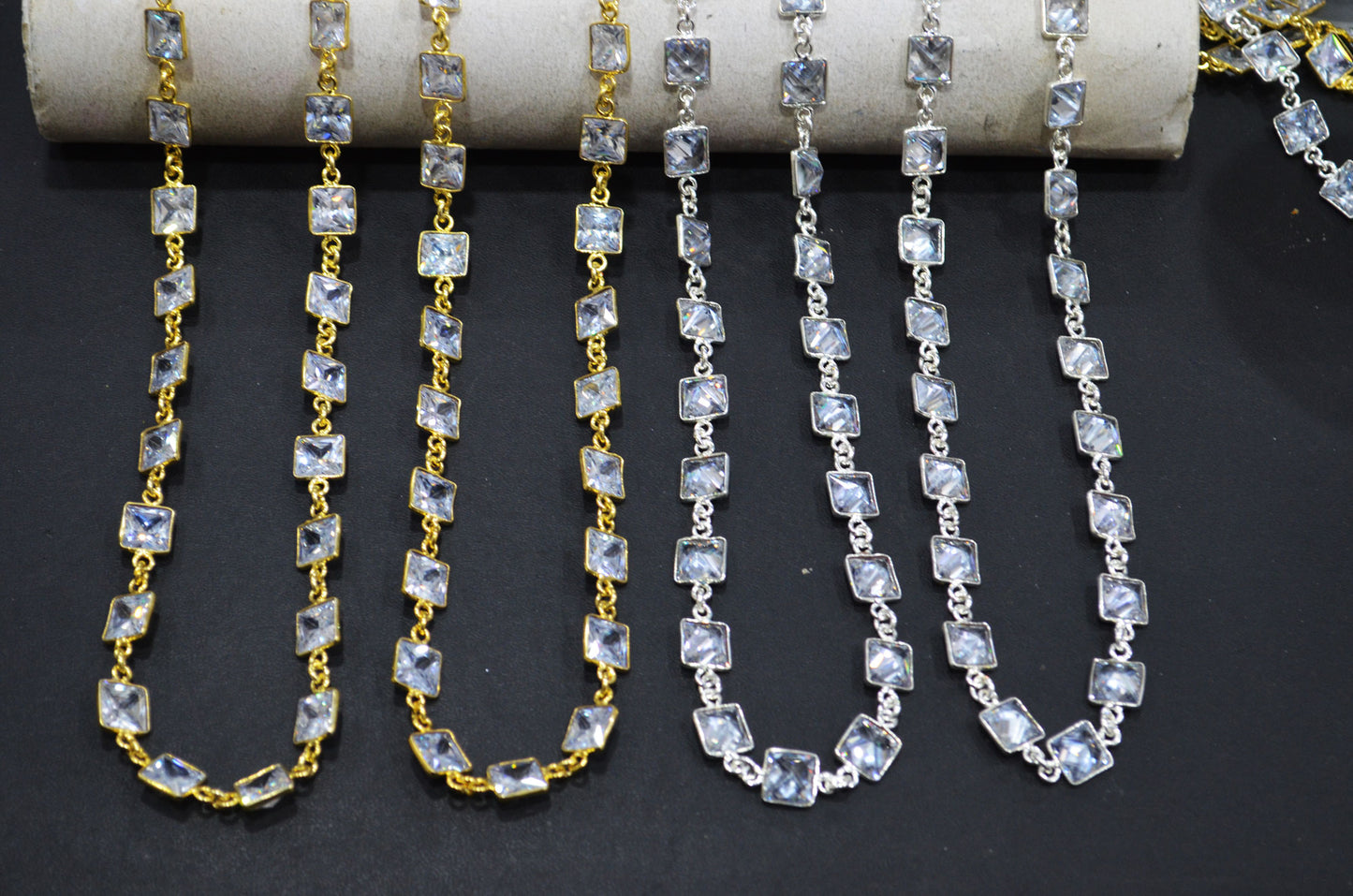 White Cubic Zirconia Diamond Cut Square Shape Connector Chain , 9 mm , RB-7366