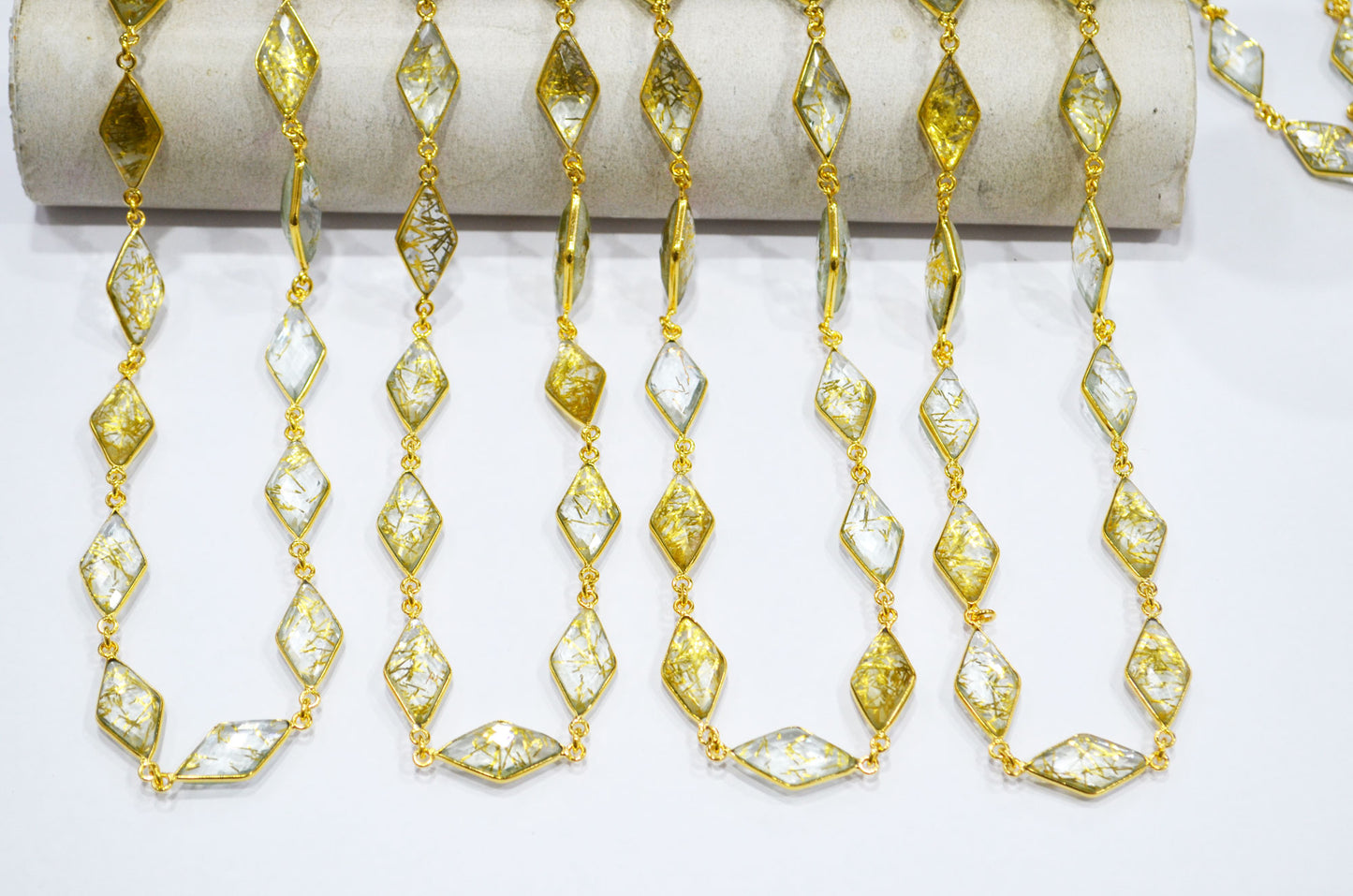 Golden Rutile Doublet Quartz Faceted Diamond Shape Connector Chain , 10x20 mm , RB-7367