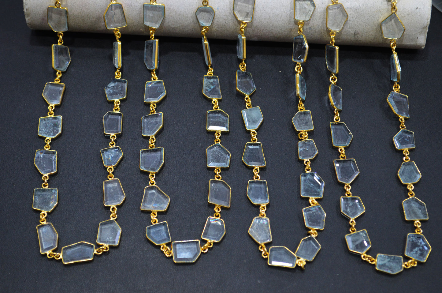 Natural Tint Green Crystal Crown Cut Tablets Shape Connector Chain , 9x11 - 11x15 mm , RB-7368