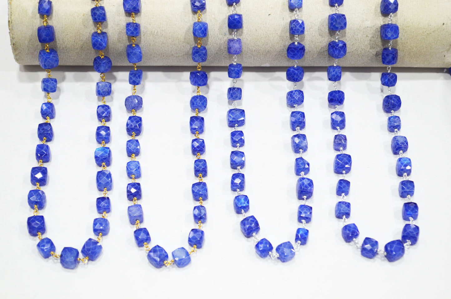 Sapphire Rainbow Moonstone Rustic Style Color Coated 3D Box Cube Shape Rosary Beaded Chain , 6 - 8 mm , RB-7372