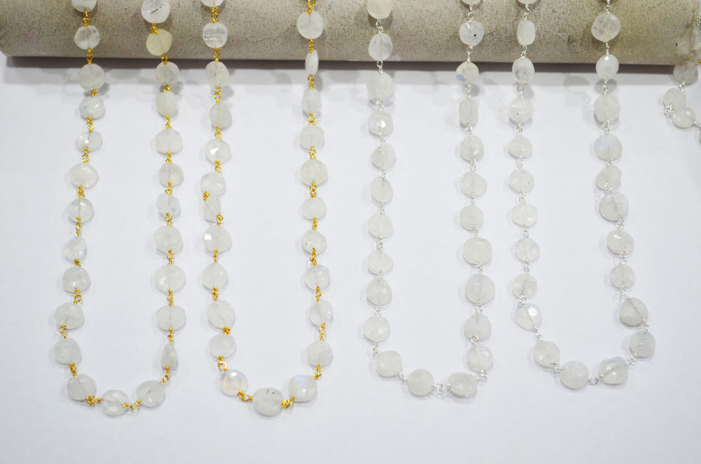 Rainbow Moonstone Organic Rustic Coin Cut Rosary Beaded Chain , 7 - 9 mm , RB-7375