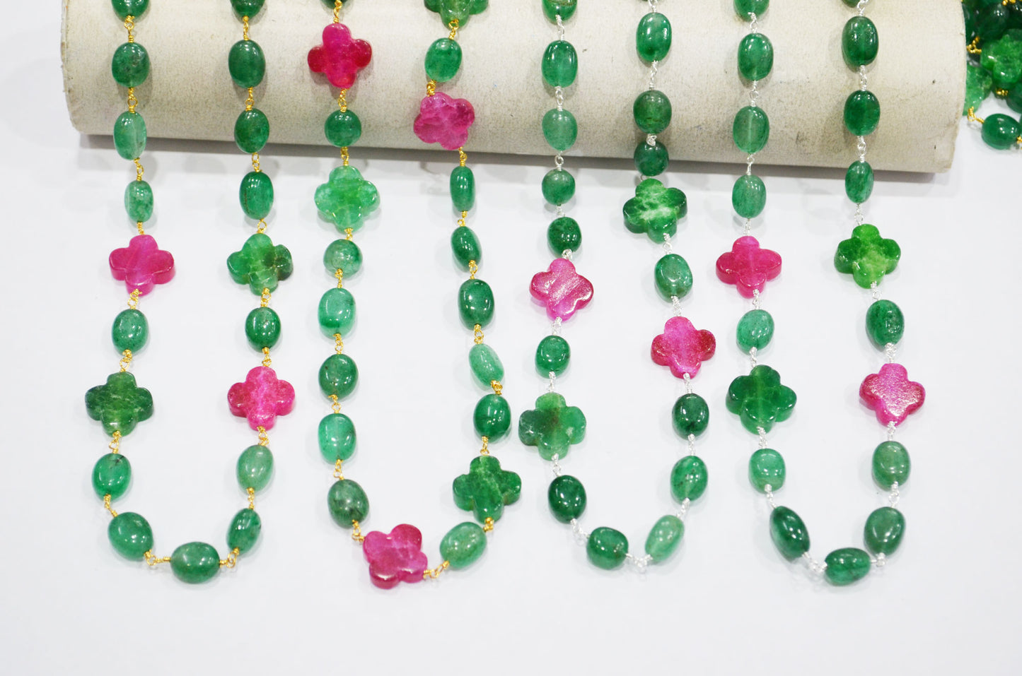 Strawberry Emerald Color Quartz Smooth Oval Shape Rosary Chain ,Ruby Color Quartz Clover Shape Wire Wrapped Chain , 7x10 - 9x12 mm , RB-7377