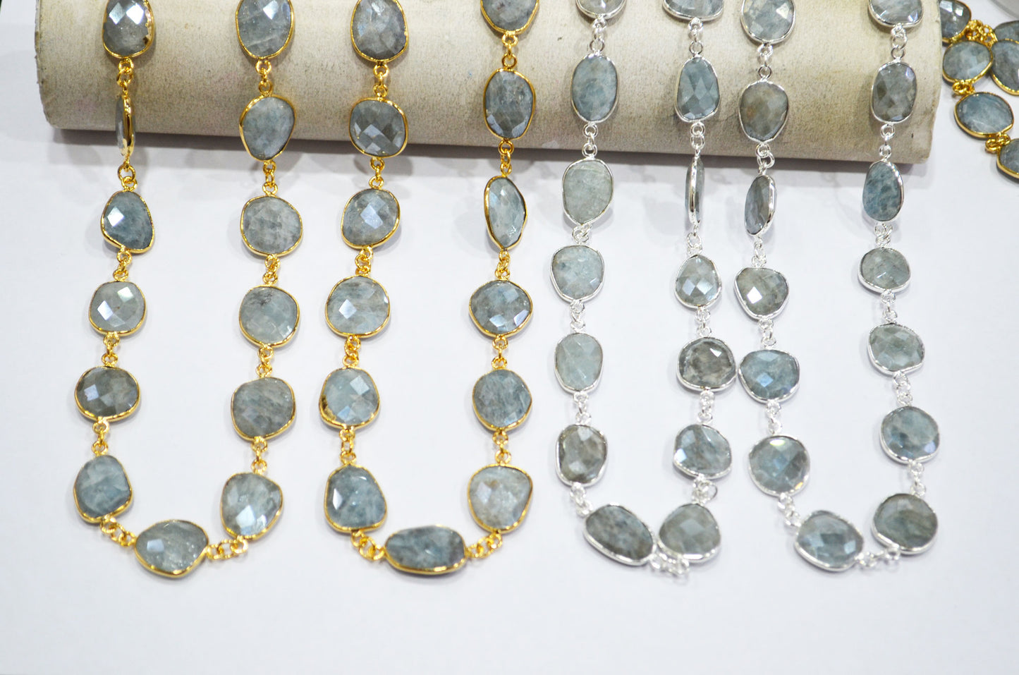 Aquamarine AB Coated Faceted Slice Shape Connector Chain , 12x14 - 15x18 mm , RB-7380