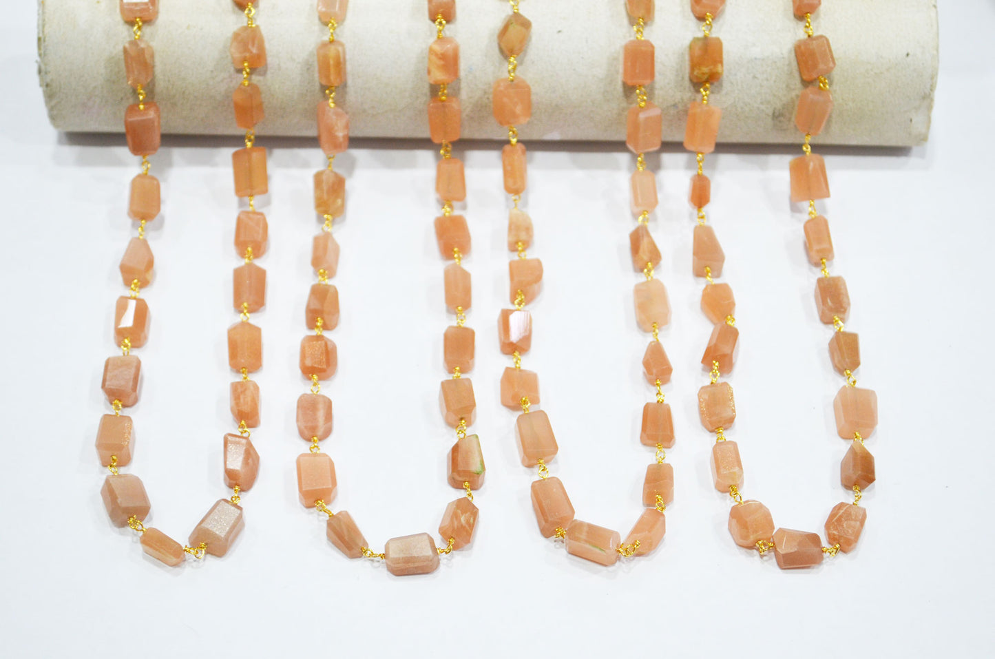 Peach Moonstone Laser Cut Nuggets Shape Rosary Beaded Chain , 7 - 12 mm , RB-7390