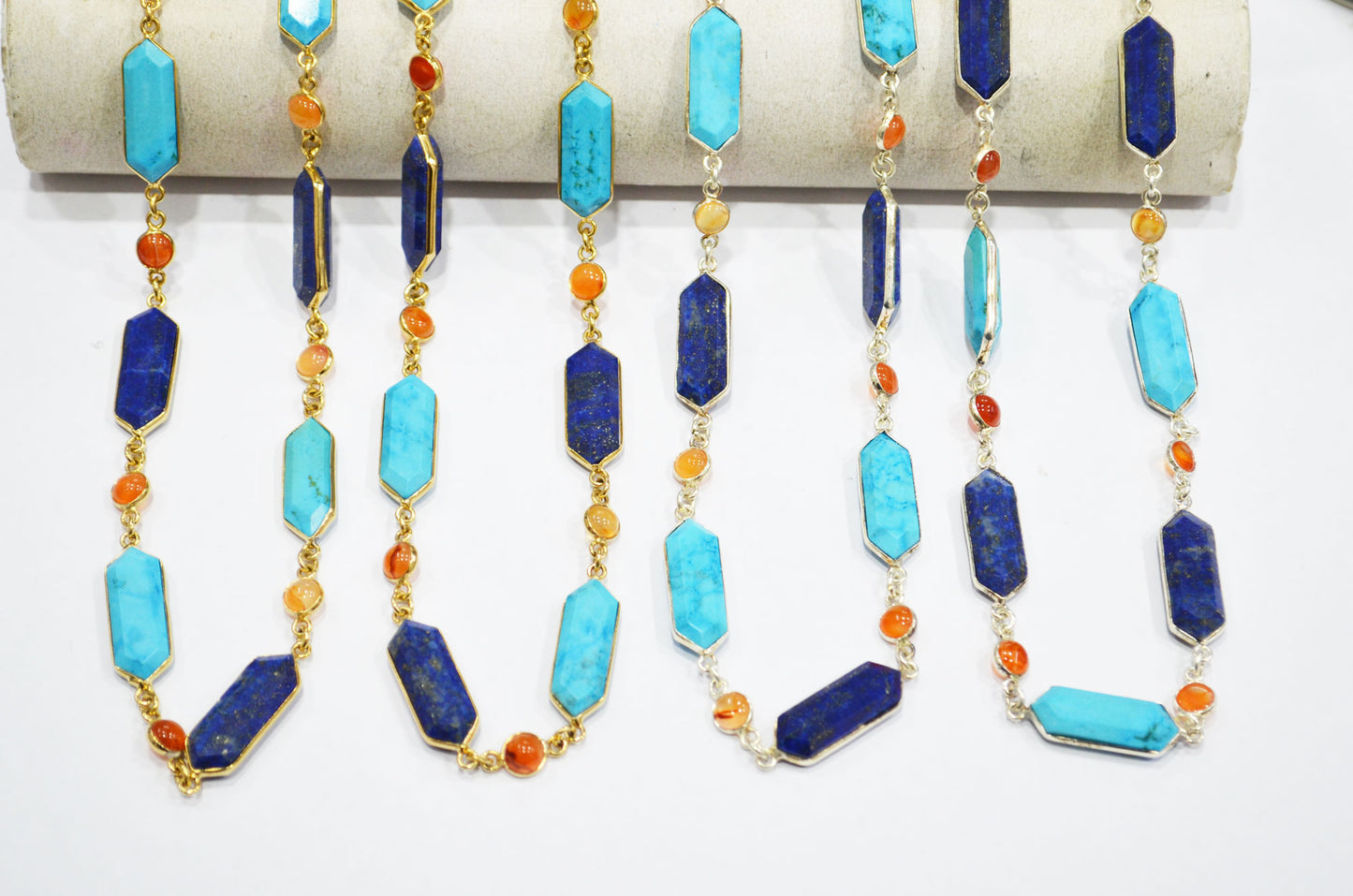 Lapis Lazuli And Howlite Turquoise Faceted Fancy Shape Connector Chain , Carnelian Smooth Coin Shape Bezel Link Chain , 7 mm , RB-7411