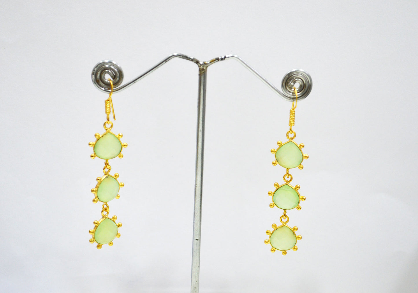 Prehnite Chalcedony Fancy Shape Earrings , Prehnite Chalcedony Heart Shape Gold Plated Brass Dangle Earrings , Women Earrings , 11 mm , RB-7434