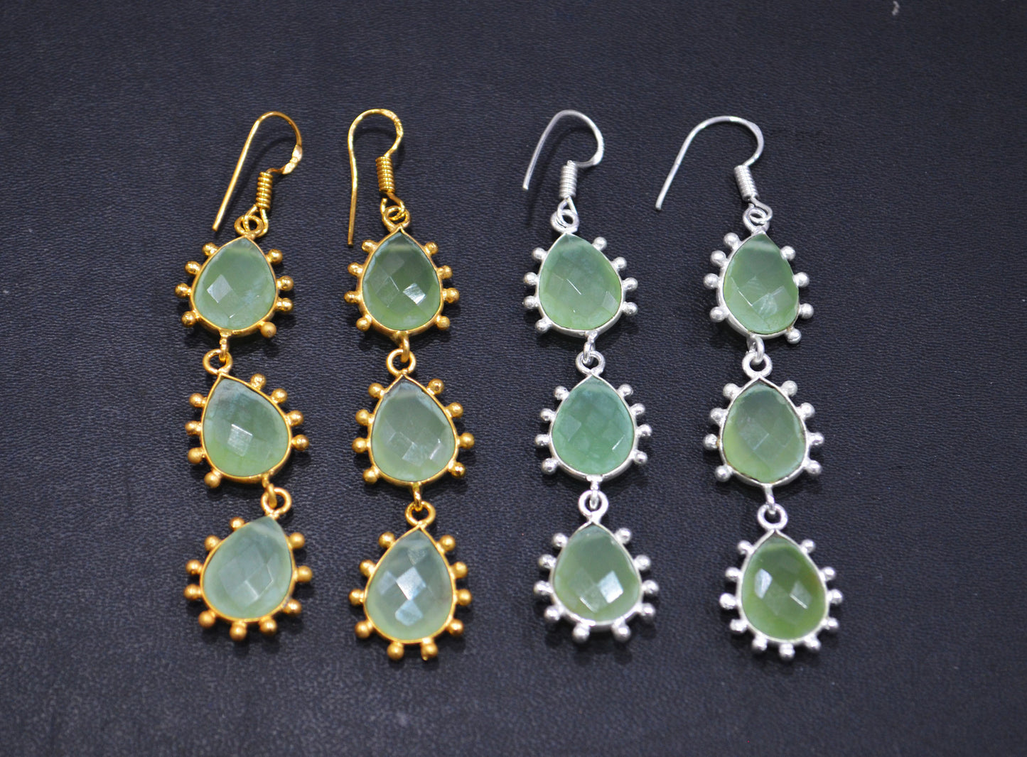 Prehnite Chalcedony Fancy Shape Earrings , Prehnite Chalcedony Pear Shape Gold Plated Brass Dangle Earrings , Women Earrings , 11x15 mm , RB-7436
