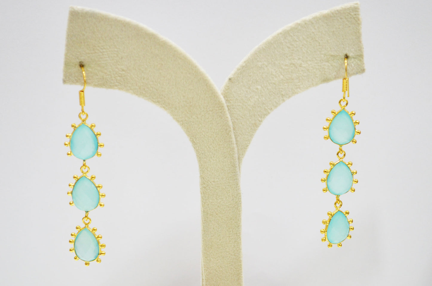 Aqua Chalcedony Fancy Shape Earrings , Aqua Chalcedony Pear Shape Gold Plated Brass Dangle Earrings , Women Earrings , 11x15 mm , RB-7437