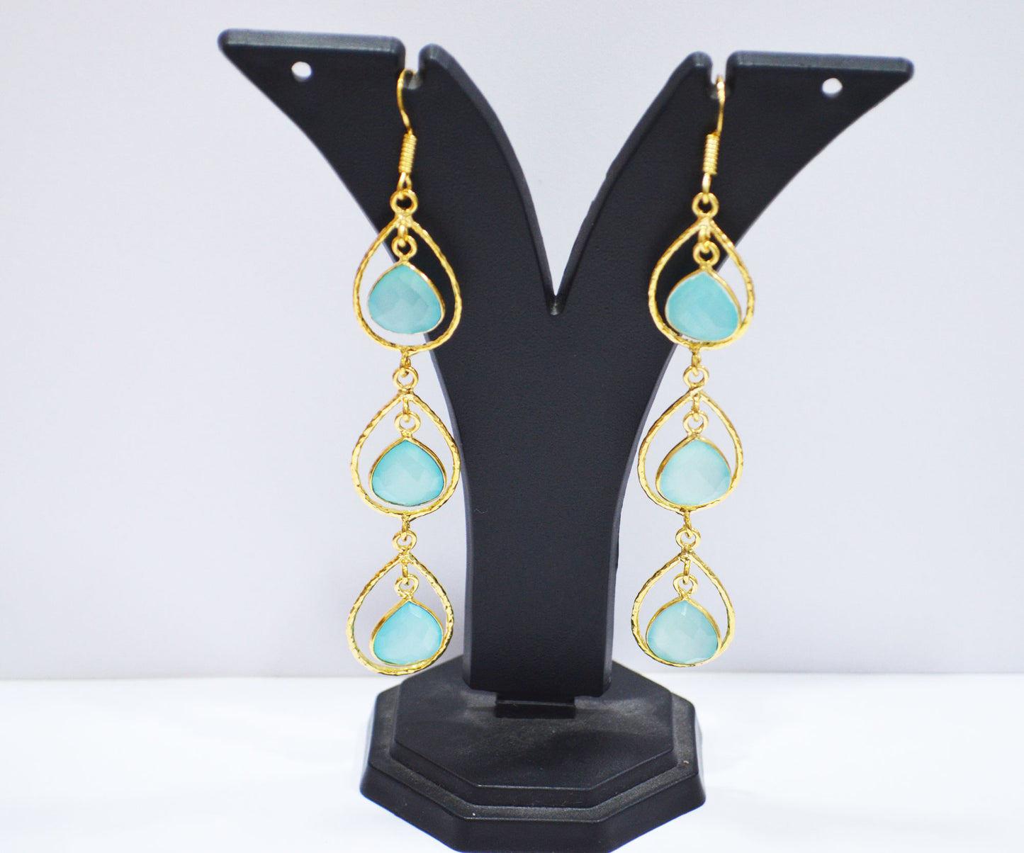 Aqua Chalcedony Fancy Shape Earrings , Aqua Chalcedony Heart Shape Gold Plated Brass Dangle Earrings , Women Earrings , 11 mm , RB-7442