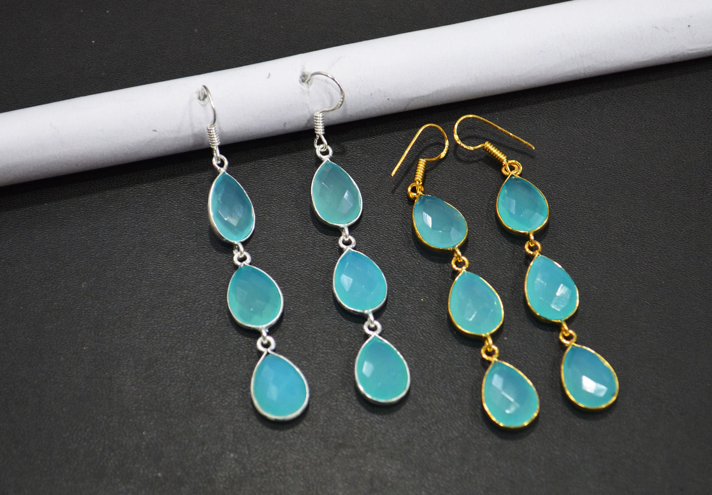 Aqua Chalcedony Fancy Shape Earrings , Aqua Chalcedony Pear Shape Gold Plated Brass Dangle Earrings , Women Earrings , 11x15 mm , RB-7444