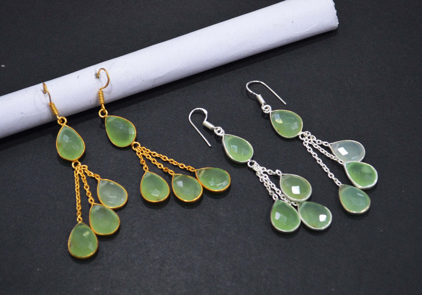 Prehnite Chalcedony Fancy Shape Earrings , Prehnite Chalcedony Pear Shape Gold Plated Brass Dangle Earrings , Women Earrings , 11x15 mm , RB-7449