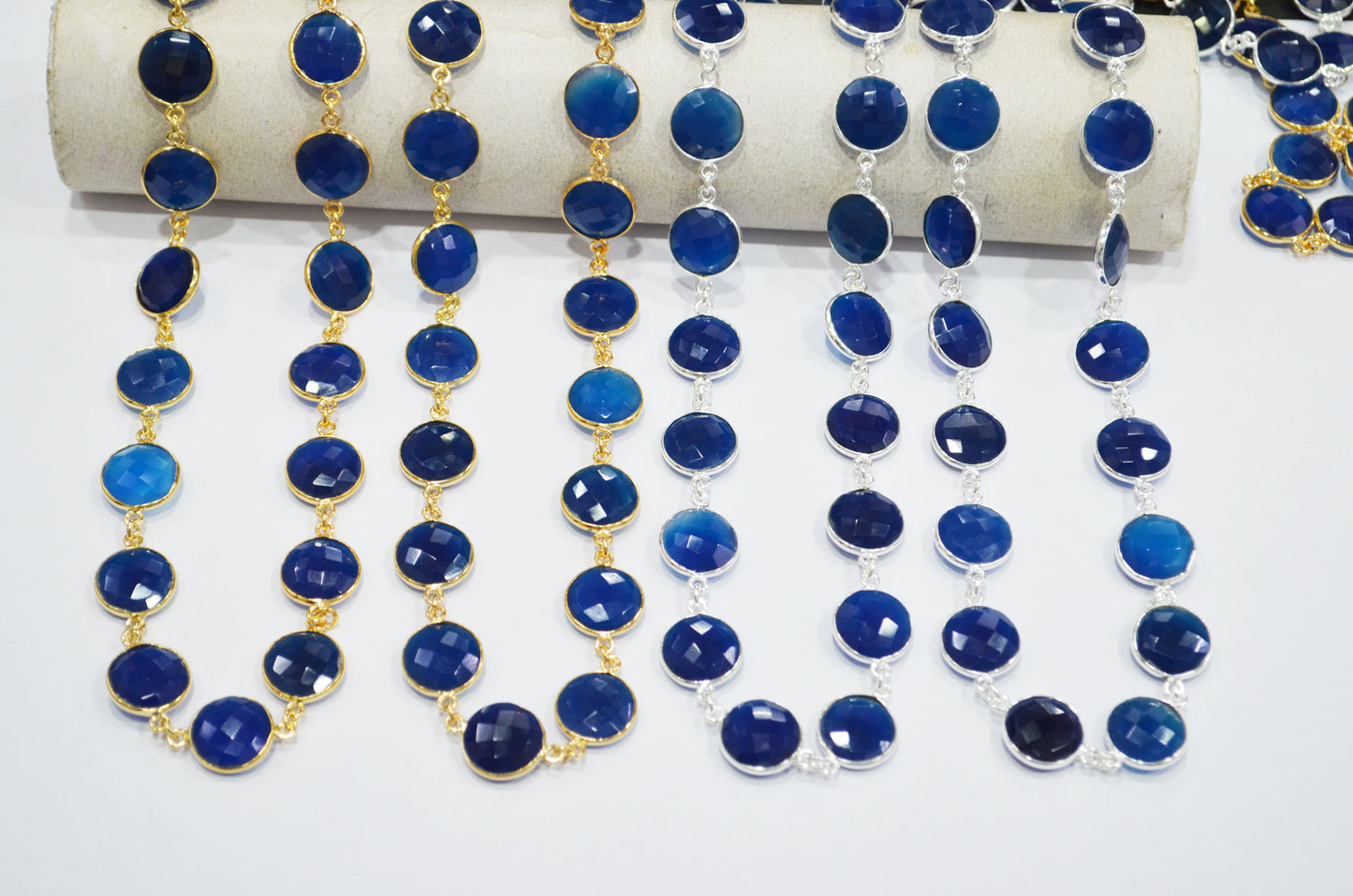 Sapphire Chalcedony Faceted Coin Shape Connector Chain , 14 mm , RB-7460