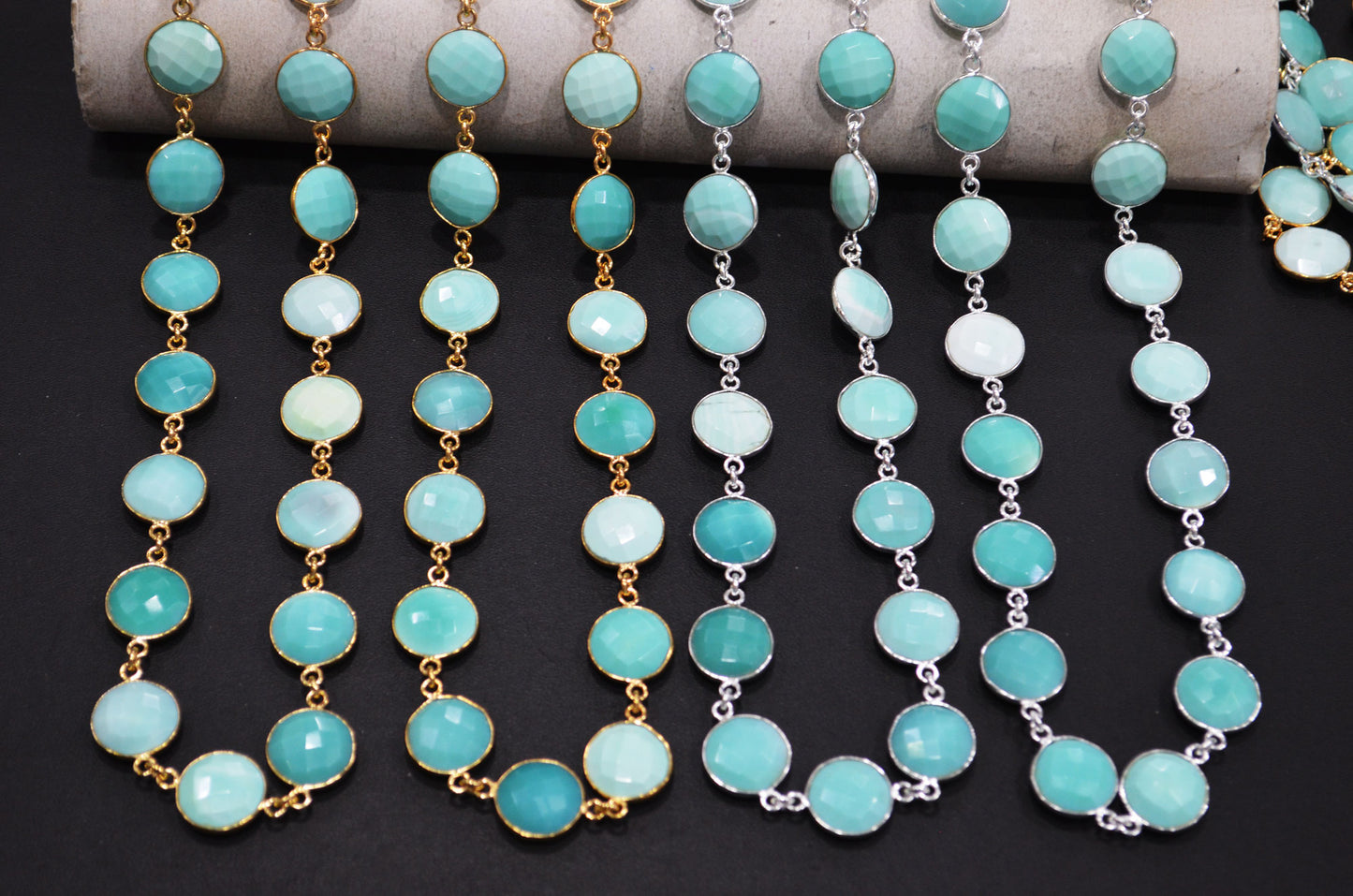 Peru Chalcedony Faceted Coin Shape Connector Chain , 14 mm , RB-7461