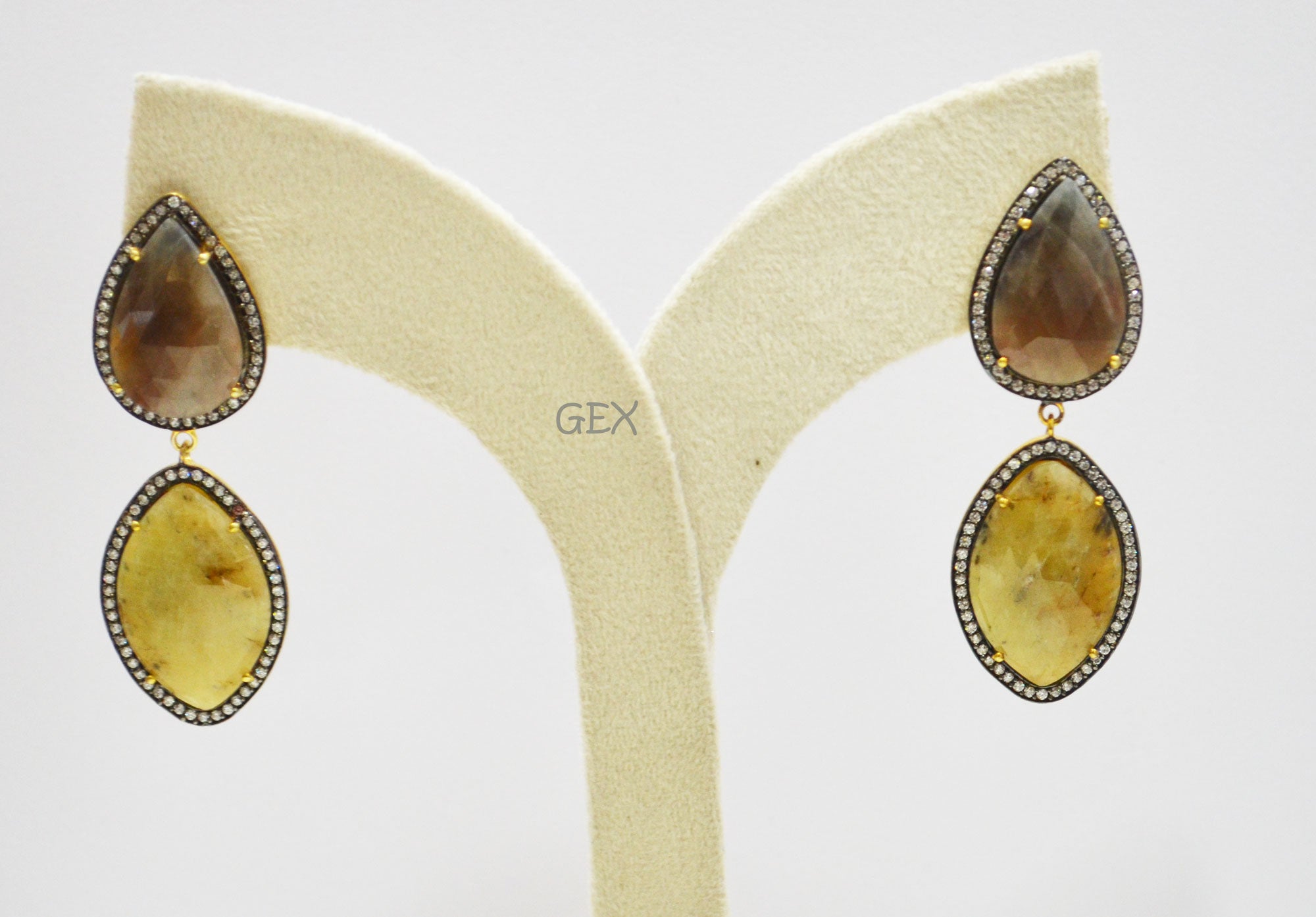92.5 Sterling Silver Shaded Brown And Yellow Sapphire Faceted Fancy Shape Earring , Shaded Brown And Yellow Sapphire With Pave Cubic Zirconia Earring , 62 mm , E-046